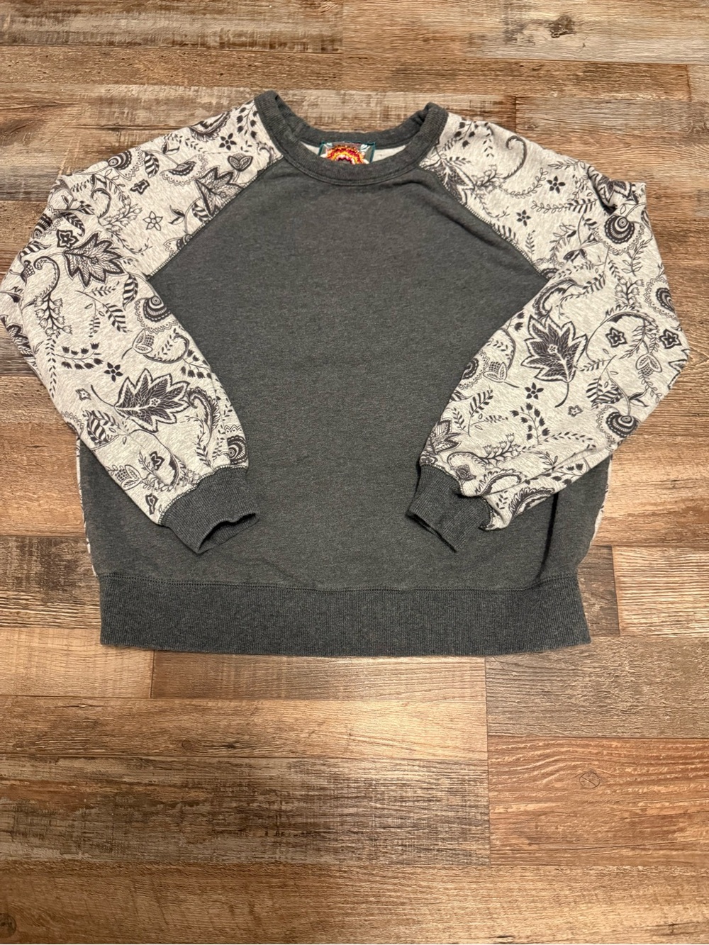 Johnny Was Charcoal Gray Sweatshirt with Cream Patterned Raglan Sleeves